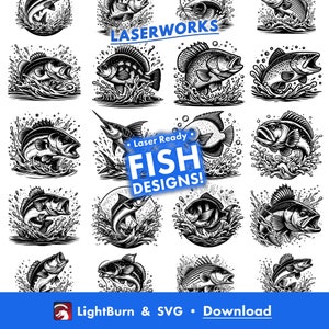Visbrekende ontwerpen, handgetekend, Lightburn-kunstbibliotheek en SVG-bestanden, baars, bluegill, forel, maanvis, haai, zwaardvis, snoek, rivierdonderpad