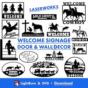 Panneaux de bienvenue occidentaux, téléchargement d'art Lightburn & fichiers SVG, cow-boy, Far West, cheval, cow-boy, mur, porte, découpé au laser, gravure au laser