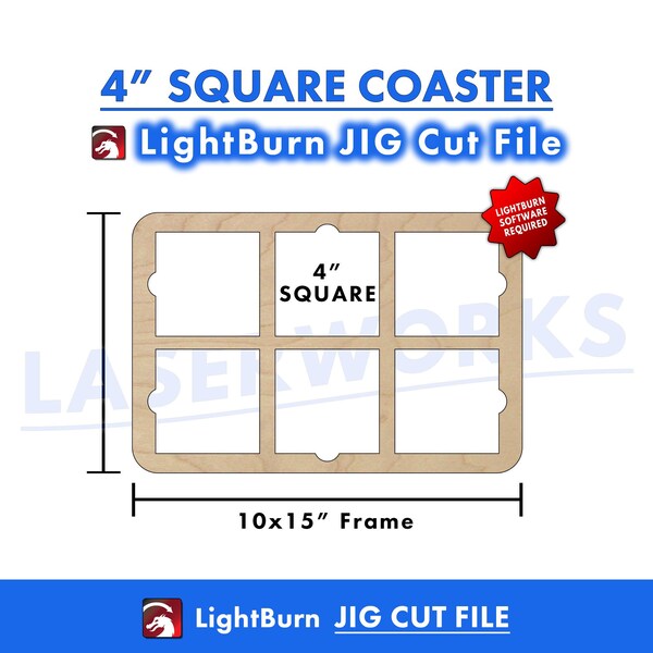 Square Coaster Engraving Jig, 4 inch, LightBurn Digital File, 6 Grid Coaster Template Guide Tool - xtool omtech laser CO2, 10w, 20w, 40w +