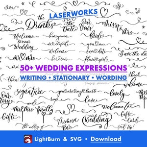 50+ bruiloftsafbeeldingen, handgetekend, Lightburn-kunstbibliotheek en SVG-bestanden, briefpapier, bruid, bruidegom, uitnodiging, bewaar deze datum, lasergraveren
