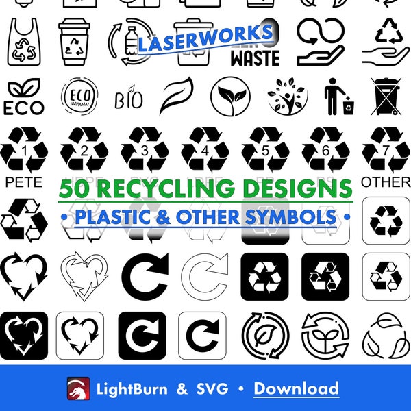 50 Recycle Designs, Lightburn Art Library Download & SVG Files, Plastic, Paper, Eco, Green, Reuse, Plastic Categories, Laser Engrave, Print