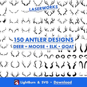 150 afbeeldingen van gewei en hoorn, Lightburn Art Library digitaal bestand downloaden en SVG-bestanden, bok, hert, eland, eland, geit, omtrek, silhouet