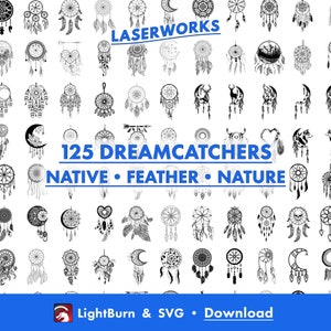 125 dromenvanger ontwerpen, Lightburn-kunstbibliotheek download en SVG-bestanden, Native, veer, dier, blad, kraal, boom, bloem, hart, maan, pijl