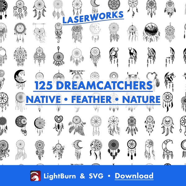 125 Dreamcatcher Designs, Lightburn Art Library Download & SVG Files, Native, Feather, Animal, Leaf, Bead, Tree, Flower, Heart, Moon, Arrow