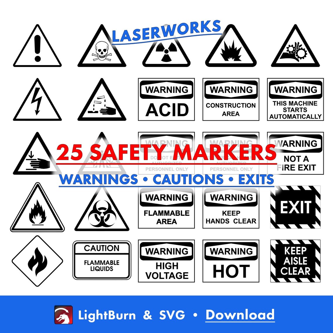 Safety Marker Signs, Lightburn Art Library & SVG Files, Hazard, Caution