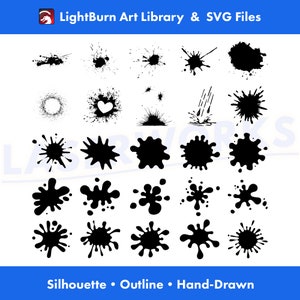 K&ouml;nnte beinhalten: Ein Satz von 28 schwarzen Tintenspritzer-Silhouettengrafiken. Die Grafiken sind in verschiedenen Formen und Gr&ouml;&szlig;en und einige haben eine Herzform in der Mitte. Die Grafiken sind perfekt f&uuml;r den Einsatz in digitalen Designprojekten oder zum Drucken auf T-Shirts, Tassen und anderen Artikeln.