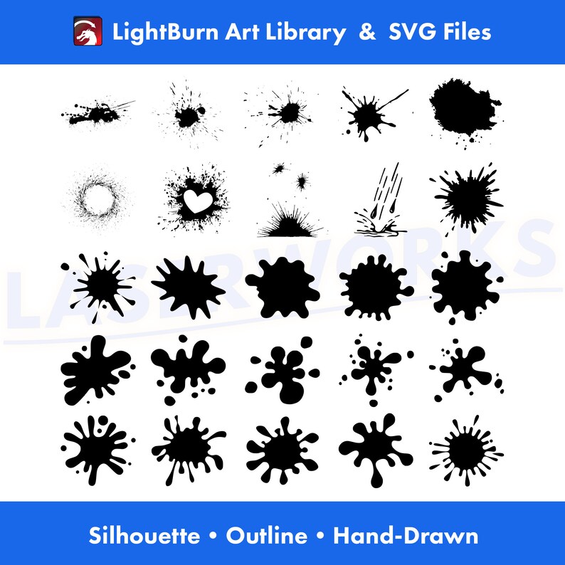 K&ouml;nnte beinhalten: Ein Satz von 28 schwarzen Tintenspritzer-Silhouettengrafiken. Die Grafiken sind in verschiedenen Formen und Gr&ouml;&szlig;en und einige haben eine Herzform in der Mitte. Die Grafiken sind perfekt f&uuml;r den Einsatz in digitalen Designprojekten oder zum Drucken auf T-Shirts, Tassen und anderen Artikeln.