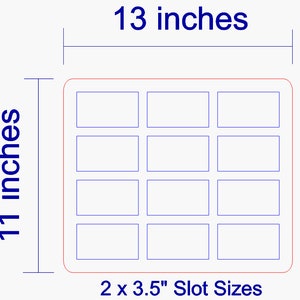May include: A blue grid with 12 rectangular slots, measuring 13 inches wide and 11 inches tall. The grid is labeled "2 x 3.5" Slot Sizes".