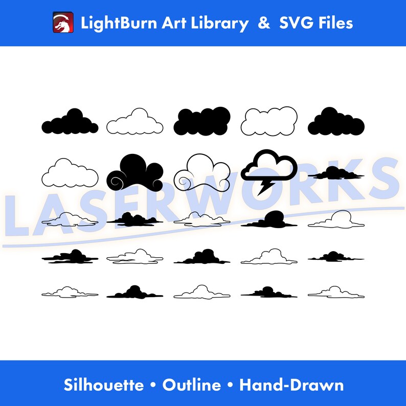 150 Cloud Outline and Silhouette Designs | Lightburn Art Library & SVG ...
