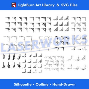 K&ouml;nnte beinhalten: Eine Sammlung von 100 schwarzen und wei&szlig;en Eckdesigns, darunter verzierte, einfache und geometrische Stile. Die Designs sind mit "Silhouette, Outline, Handgezeichnet" und "Laserworks" gekennzeichnet.