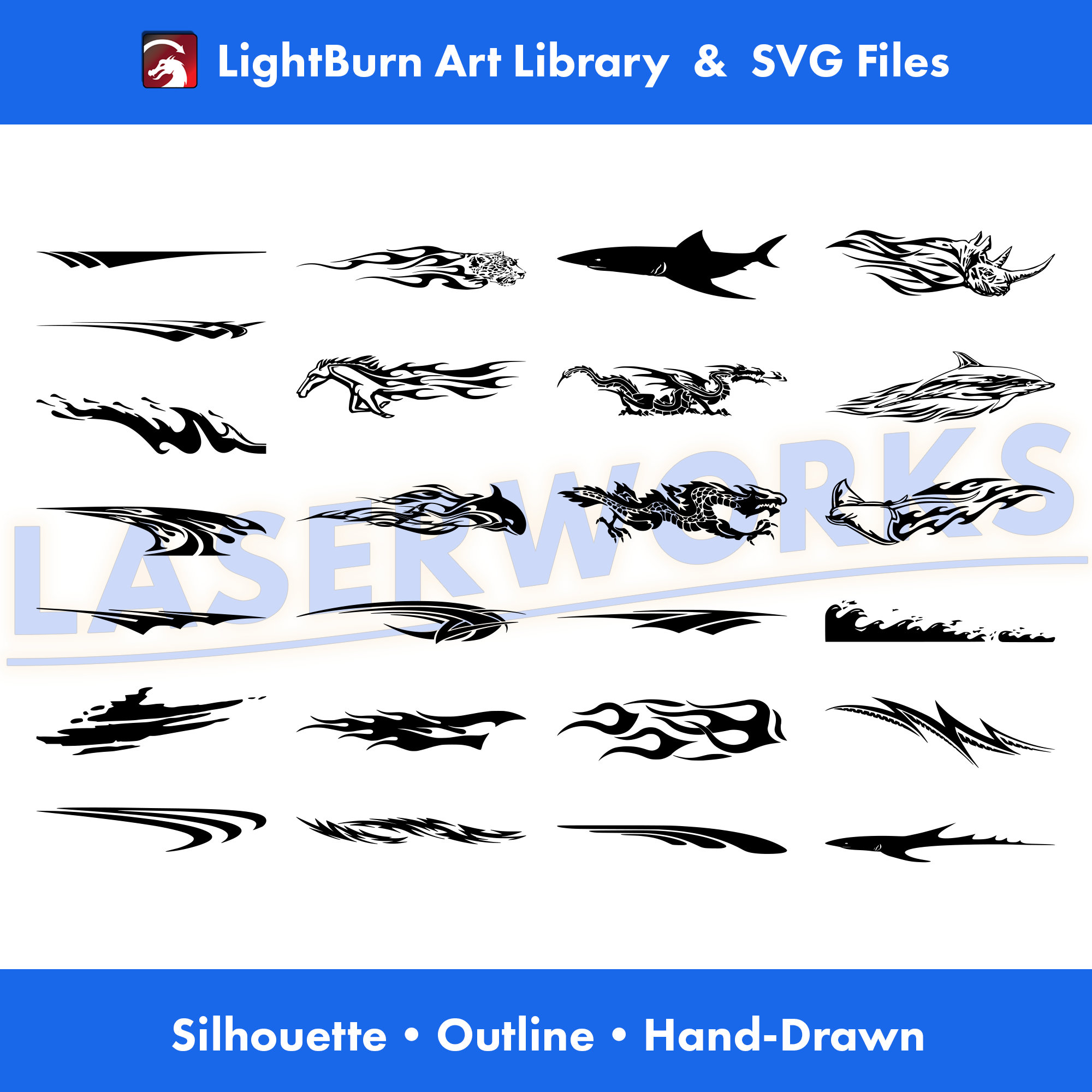 100 Auto Decals, Lightburn Art Library Download & SVG Files, Stripe, Flame, Brush, Line, Animal