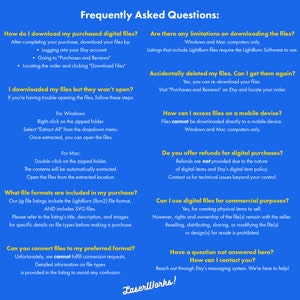 May include: A blue background with white text answering frequently asked questions about downloading and using digital files purchased on Etsy. The text includes information about file formats, refunds, and commercial use.