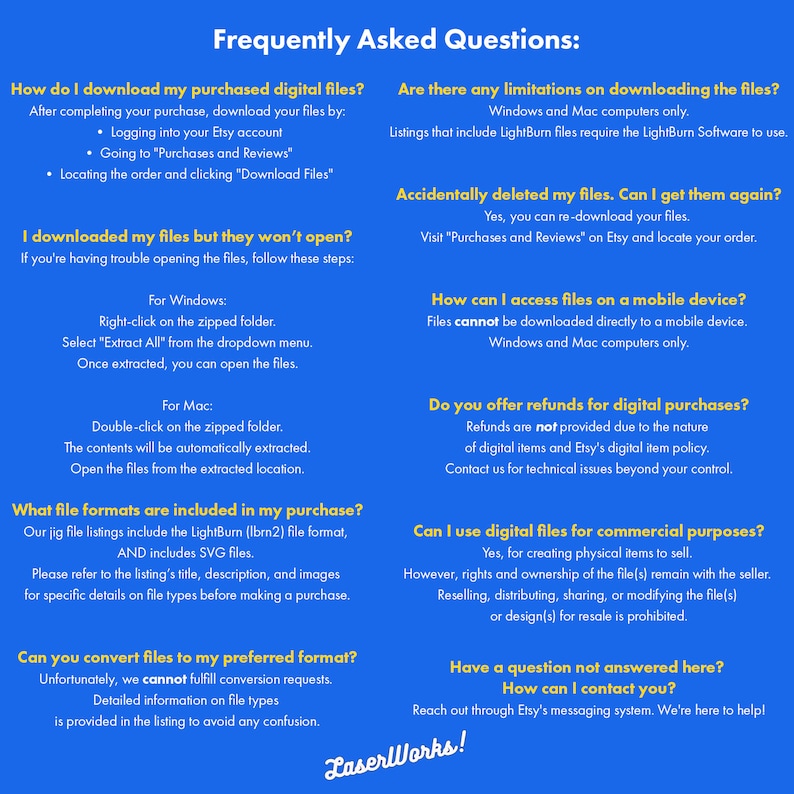 May include: A blue background with white text answering frequently asked questions about downloading and using digital files purchased on Etsy. The text includes information about file formats, refunds, and commercial use.
