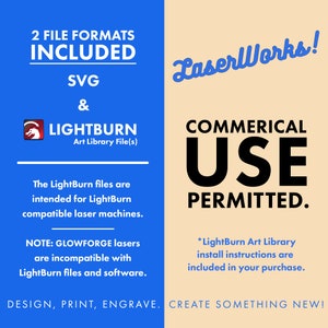 K&ouml;nnte beinhalten: Blaue und orangefarbene Grafik mit dem Text "2 DATEIFORMATE INKLUSIVE SVG & LIGHTBURN Art Library File(s)" und "Die LightBurn-Dateien sind f&uuml;r LightBurn-kompatible Lasermaschinen gedacht. HINWEIS: GLOWFORGE-Laser sind nicht kompatibel mit LightBurn-Dateien und -Software." Die rechte Seite der Grafik ist pfirsichfarben mit dem Text "LaserWorks! KOMMERZIELLE NUTZUNG ZUGELASSEN. *Die Installationsanweisungen der LightBurn Art Library sind in Ihrem Kauf enthalten. DESIGNEN, DRUCKEN, GRAVIEREN. ETWAS NEUES SCHAFFEN!"