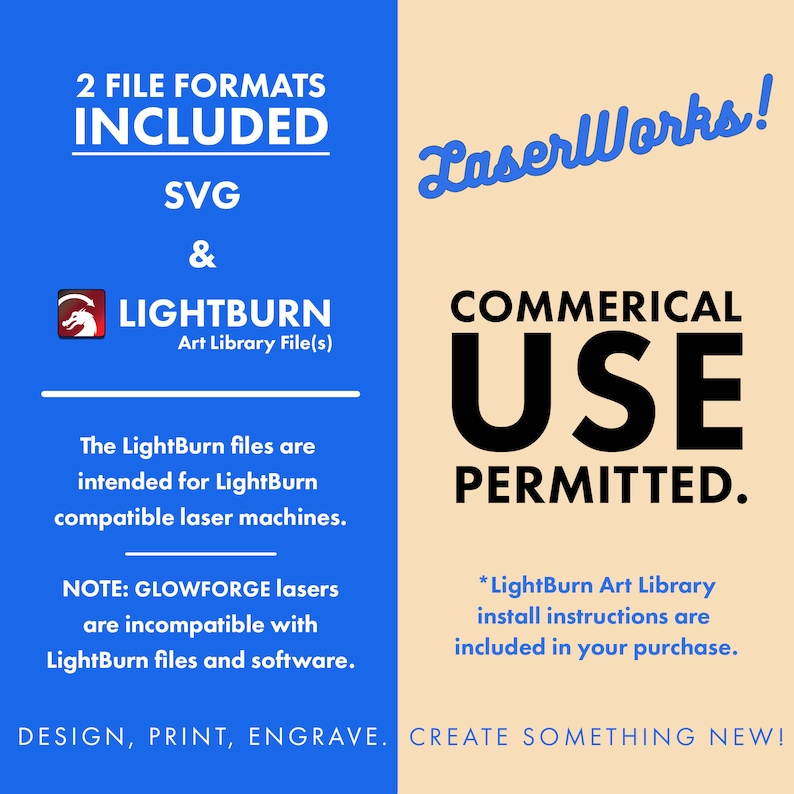 K&ouml;nnte beinhalten: Blaue und orangefarbene Grafik mit dem Text "2 DATEIFORMATE INKLUSIVE SVG & LIGHTBURN Art Library File(s)" und "Die LightBurn-Dateien sind f&uuml;r LightBurn-kompatible Lasermaschinen gedacht. HINWEIS: GLOWFORGE-Laser sind nicht kompatibel mit LightBurn-Dateien und -Software." Die rechte Seite der Grafik ist pfirsichfarben mit dem Text "LaserWorks! KOMMERZIELLE NUTZUNG ZUGELASSEN. *Die Installationsanweisungen der LightBurn Art Library sind in Ihrem Kauf enthalten. DESIGNEN, DRUCKEN, GRAVIEREN. ETWAS NEUES SCHAFFEN!"