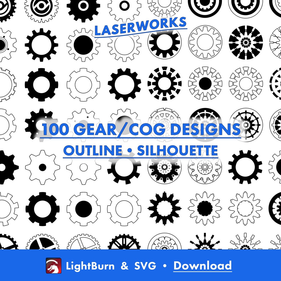 100 Gear Designs, Lightburn Art Library Download & SVG Files, Cog