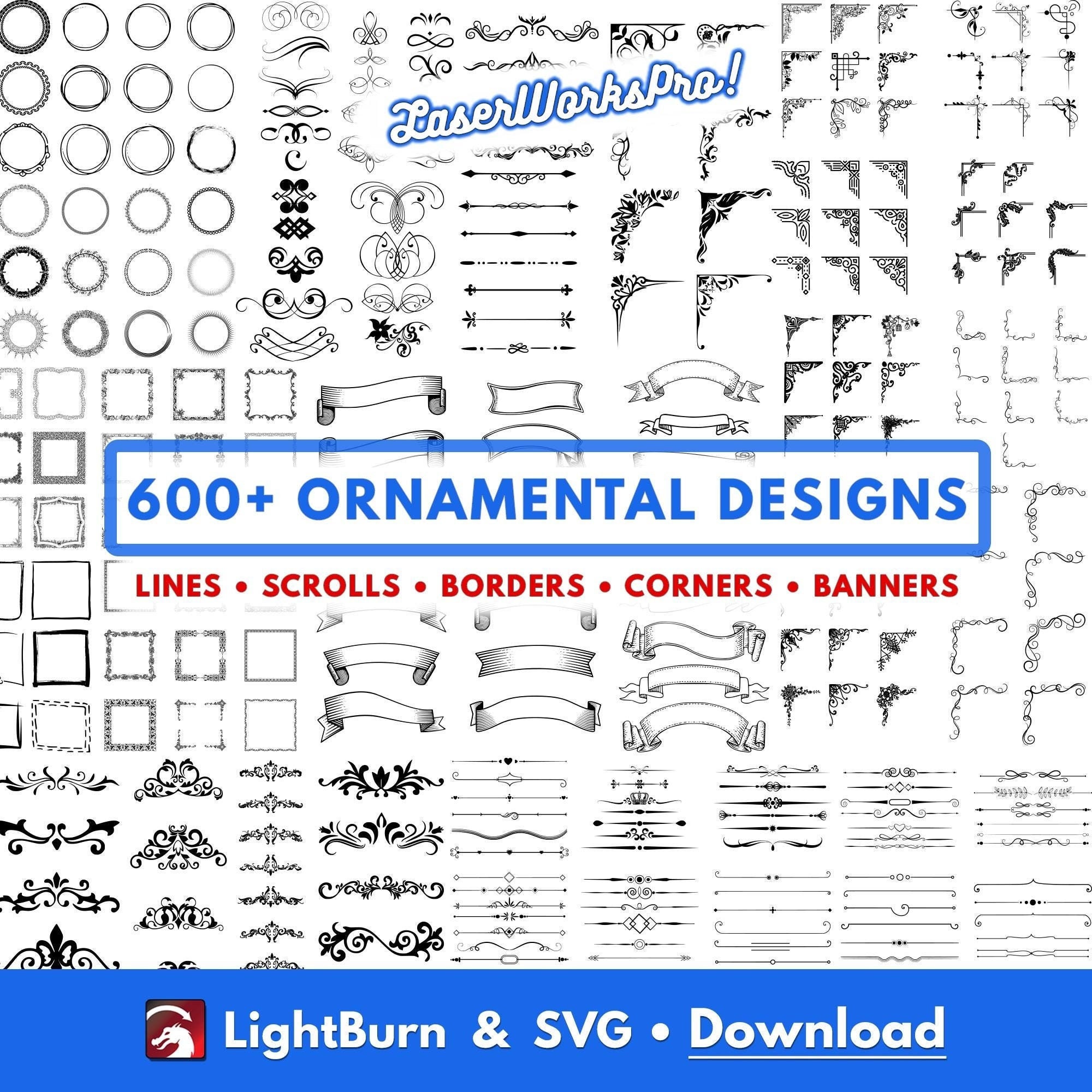 600+ Ornamental Design Elements: Line Art, Borders, Corners (lightburn \u0026  SVG) - Etsy, image size:2000x2000