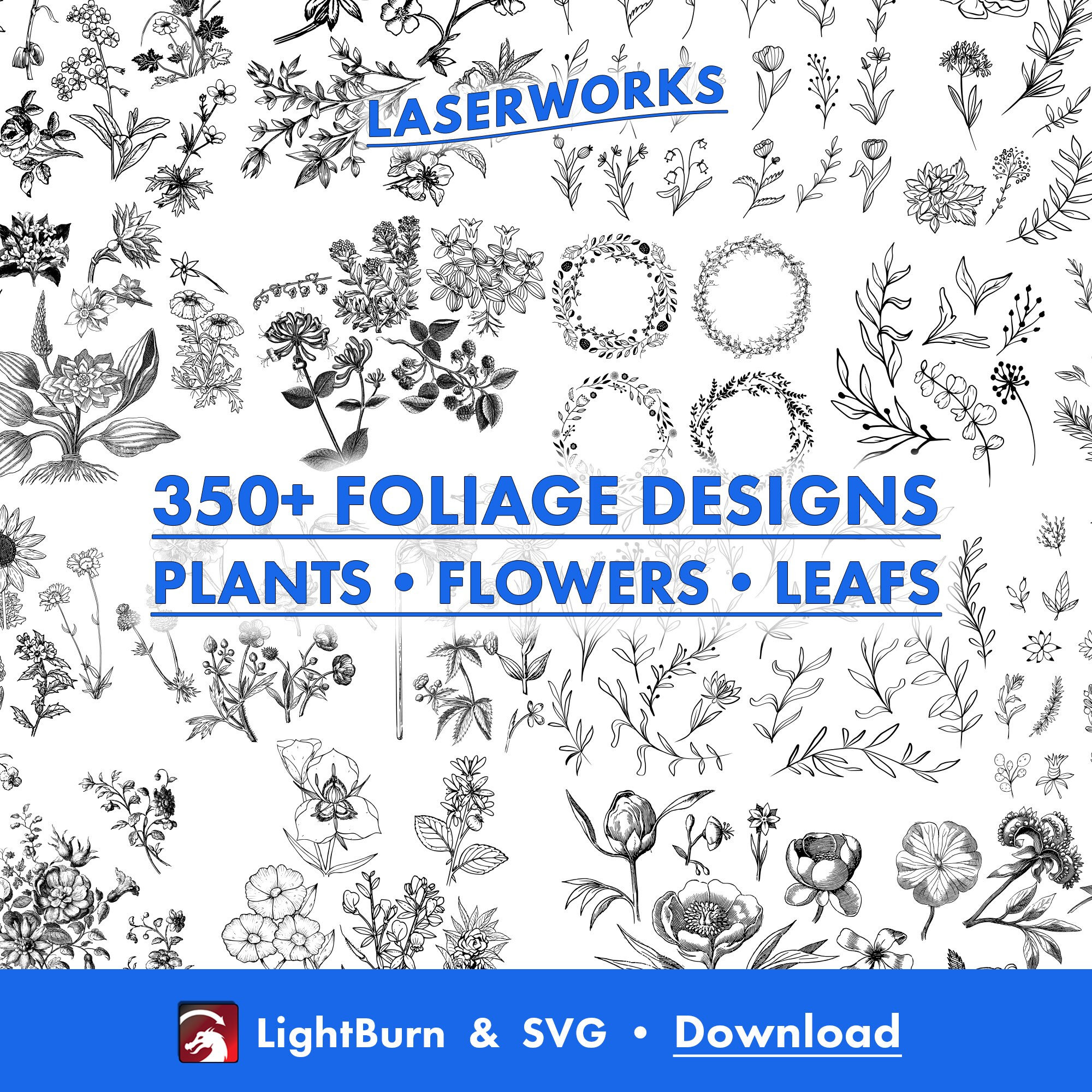 350+ Floral Designs: Hand-Drawn Flowers, Plants, Foliage (LightBurn Art Library and SVG Files)