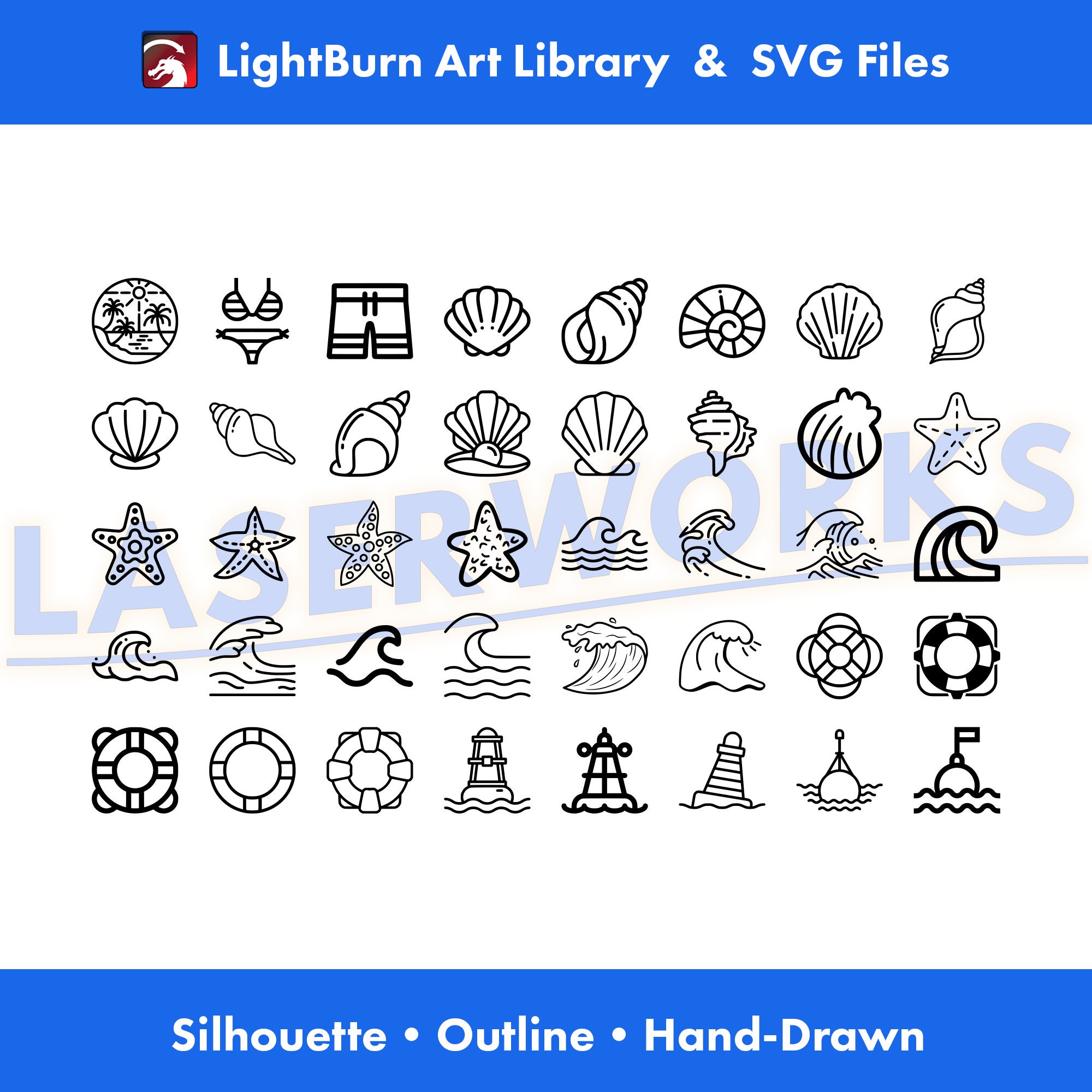 200 Beach Designs | Lightburn Art Library & SVG Files (digital Download ...