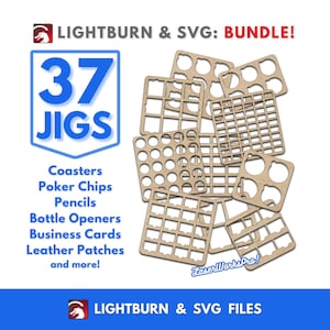 Pacote com 37 gabaritos, pacote inicial, arquivos SVG e LightBurn, guia de modelos - porta-copos, ficha de pôquer, lápis, cartão de visita, remendo de couro, pronto para laser