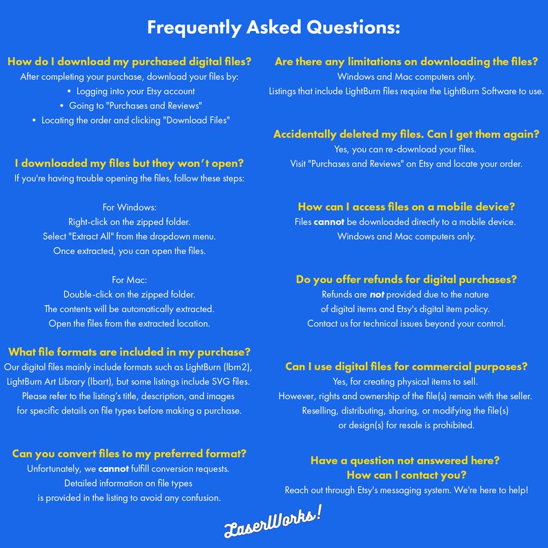 K&ouml;nnte beinhalten: Eine blaue und wei&szlig;e Grafik mit h&auml;ufig gestellten Fragen zu digitalen Dateien. Der Text enth&auml;lt Informationen zum Herunterladen, &Ouml;ffnen, Dateiformaten, R&uuml;ckerstattungen, kommerzieller Nutzung und zur Kontaktaufnahme mit dem Verk&auml;ufer.