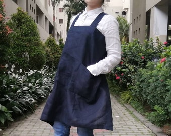 BLUE Linen Pinafore Apron - 100% Flax Linen, Japanese Apron, Crossback Apron, Linen Pinafore Apron, No tie apron, Square Cross