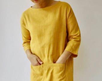 Yellow Linen dress, Linen tunic, Dress, Natural dress, Eco-friendly dress 100% Flax Linen