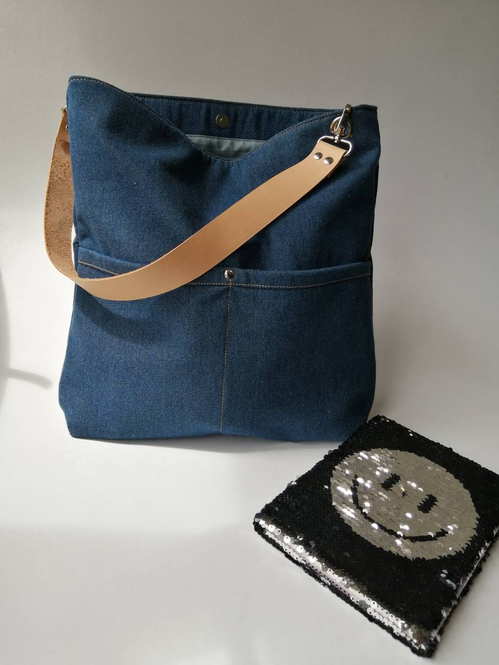 Denim Jeans Hobo bag denim hobo bag with Leather Strap mum Etsy
