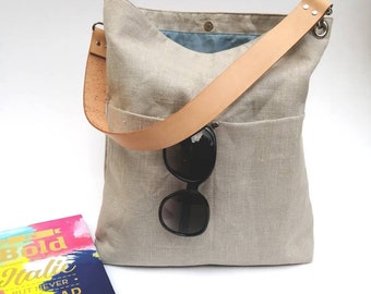 Natural linen Hobo bag, linen bag, diaper bag, linen leather bag, linen tote, beach bag, natural bag in NATURAL 100% linen