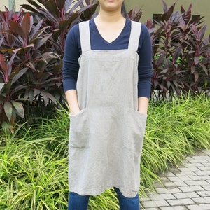 SALE Linen Pinafore Apron Heavyweight 100% Flax Linen, Japanese Apron, Crossback Apron, Linen Pinafore Apron, No tie apron, Square Cross image 3