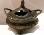 Antique Chinese Bronze Brass Small Covered Censer Tripod with Handles Signed Six Character Mark Vintage