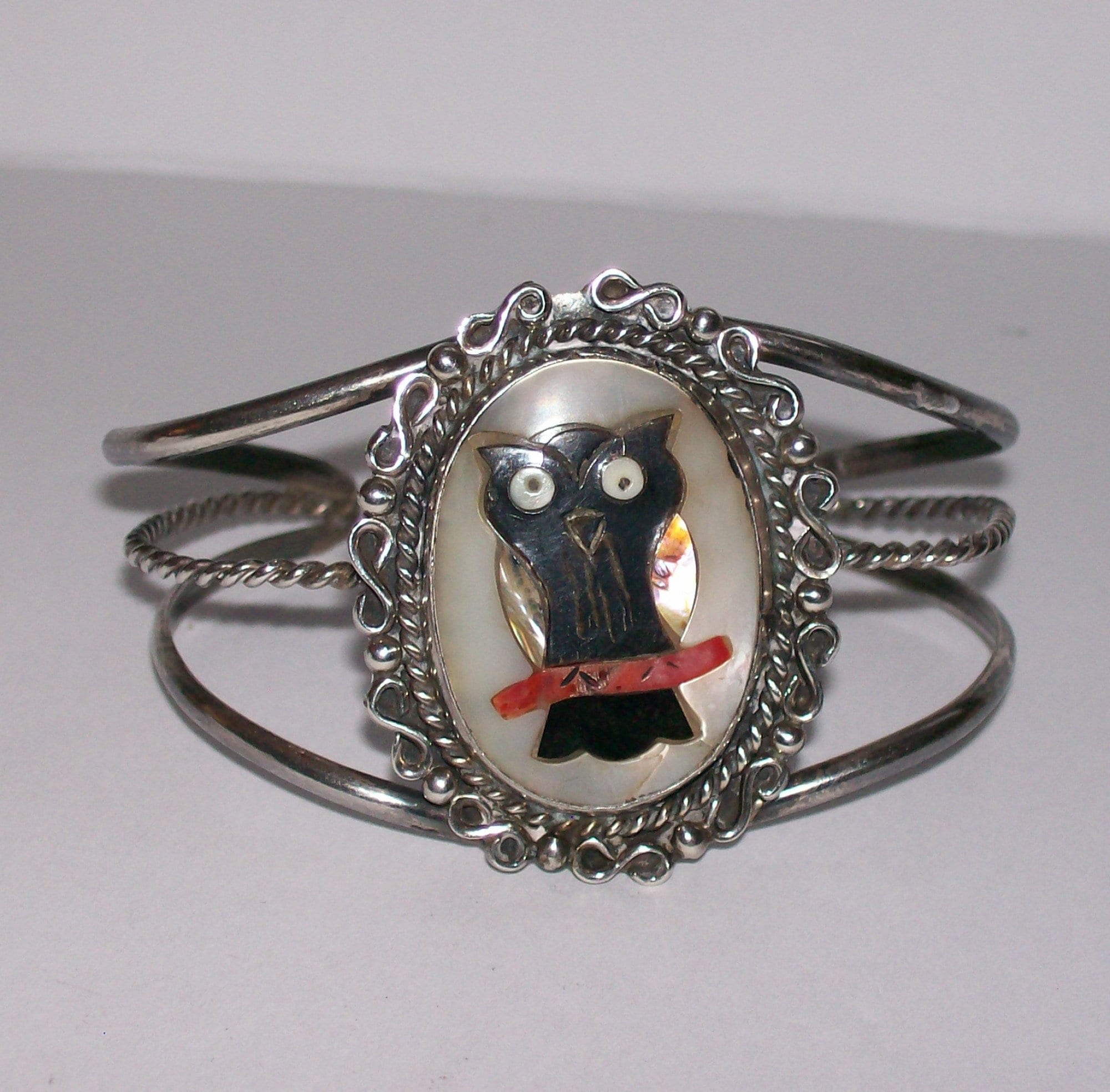 Zuni Sterling Inlay Owl Cuff Bracelet Southwestern Native American Onyx Coral Mother of Pearl Vintag