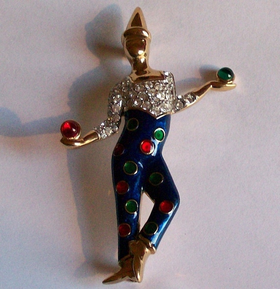 Vintage Carolee Blue Enamel and Rhinestone Juggler Brooch Pin Clown Court Jester Collectible Jewelry