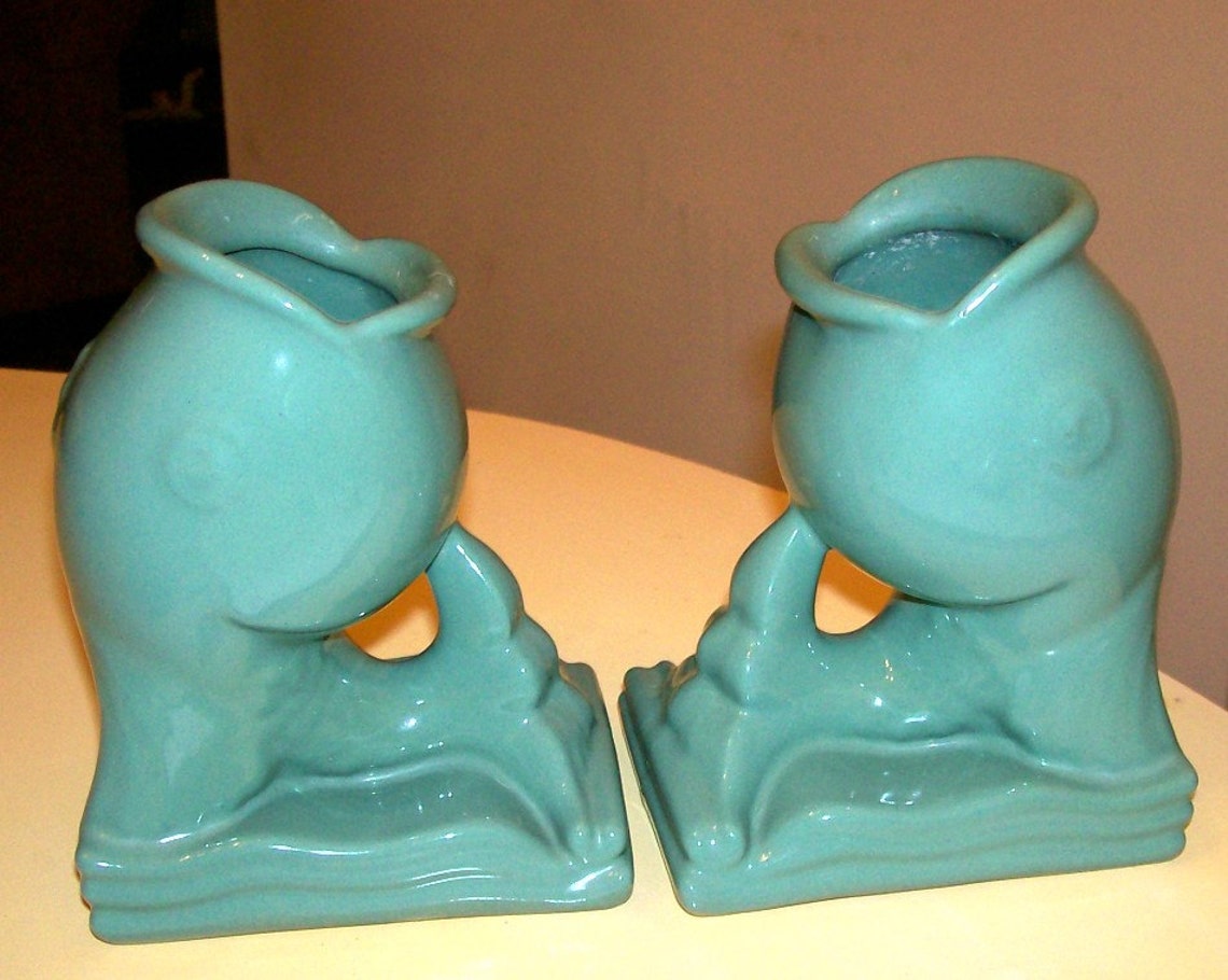 Vintage Abingdon Pottery Green Fish Bookends Vase 444 Mid Etsy