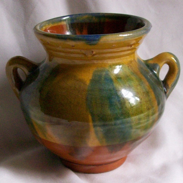 Vintage North Carolina Pottery Multi Glaze Vase with Handles in Gold Green and Russet Orange Drip Blended Glaze NC Hand Thrown Hand Made