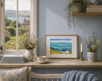 Printable Coastal Cottage Watercolor – Digital Download Wall Art – Cottagecore Ocean Landscape