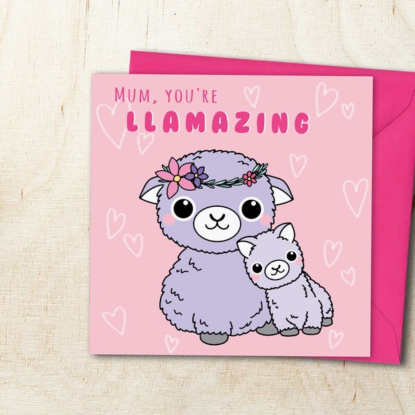 Mothers Day Card Amazing Mum Cute Llamas, Birthday, Mummy, Eco Friendly Greeting Card