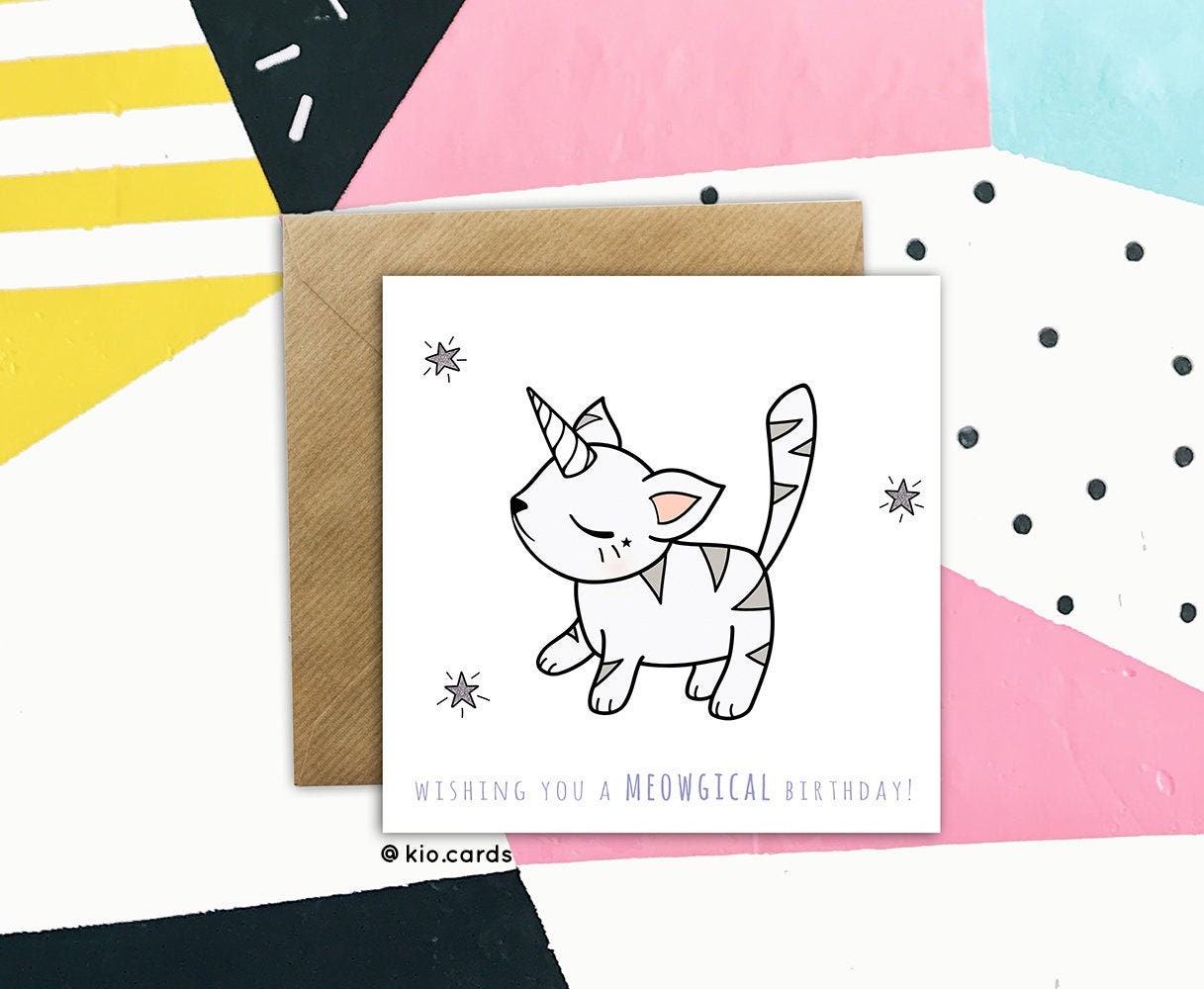 Birthday Meowgical Caticorn Handmade Greeting Card with Rainbow Envelope 