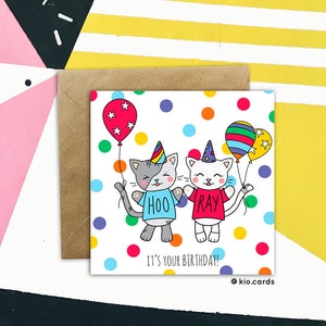 Cats Birthday Card Handmade Cute Cats Birthday Card, Handmade Cat Birthday Card Kawaii Birthday Card Cards for Her, Cards for Him image 2