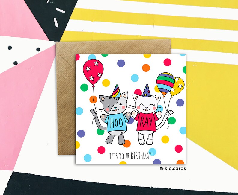 Cats Birthday Card Handmade Cute Cats Birthday Card, Handmade Cat Birthday Card Kawaii Birthday Card Cards for Her, Cards for Him image 2