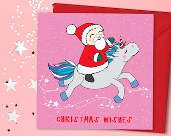 Santa and Unicorn Christmas Card, Magical Christmas, Christmas Unicorn