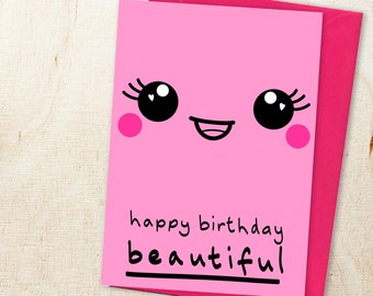 Beautiful Wife Birthday Card, Cute, Kawaii Smile Face, Eco Friendly