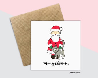 Santa and Cat Christmas Card, Meowy Christmas, Cat and Santa, Santa Card, Cat Lover Gift, Christmas Kitty, Crazy Cat Lady, Christmas Cat