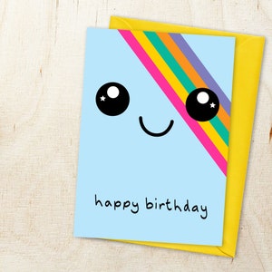 Regenboogverjaardagskaart Kawaii gezicht, leuk, schattig, milieuvriendelijk