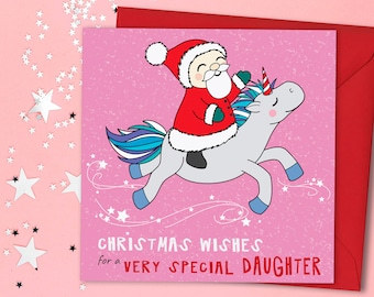 Special Daughter Christmas Card, Santa and Unicorn, Unicorn Christmas Card, Magical Christmas