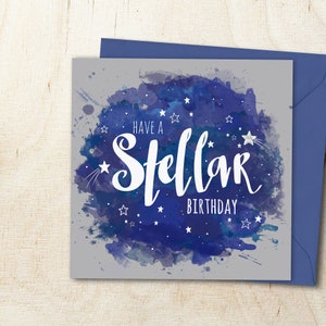 Space Birthday Card, Stellar Stars, Watercolour Galaxy, Eco Friendly Greeting Card
