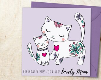 Mum Birthday Card, Cute Cats Illustration, Mummy, Mom, Mommy, Eco Friendly