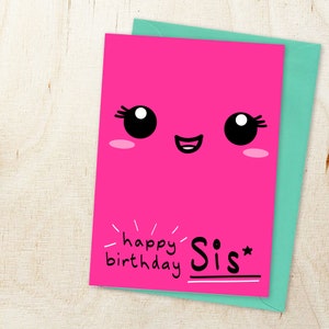 Carte d'anniversaire soeur, soeur, mignonne, kawaii, sourire, rose, écologique