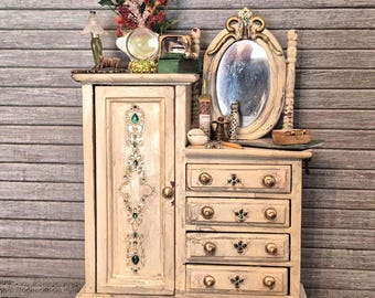 Miniature Dollhouse Victorian Wardrobe, OOAK, with accessories