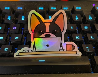 Boston Terrier on Laptop Holographic Sticker